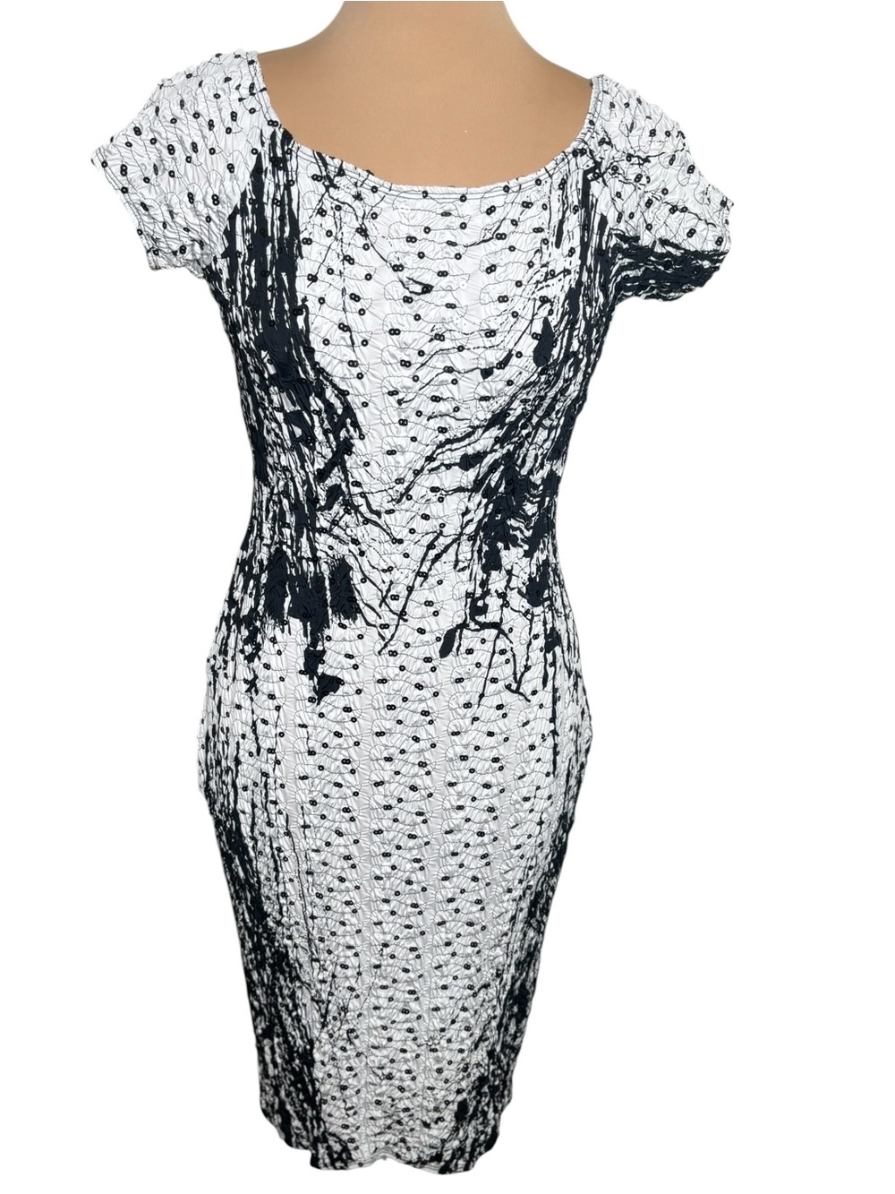 Frank Lyman Black White Abstract Ruched Stretch Dress Beaded Midi Size 6